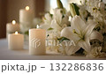 Elegant white chrysanthemums and candles - Background video for memorials and memorial services 132286836