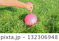 Hand punching pink water balloon on sunny grass 132306948