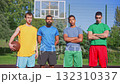 Portrait of sporty fit diverse multiracial male basketball players with ball standing on outdoor court, looking with serious stares, expressing confidence, readiness for game and determination Portrait of sporty fit diverse multiracial male basketball players with ball standing on outdoor court, looking with serious stares, expressing confidence, readiness for game and determination 132310337