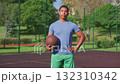 Portrait of of determined handsome sporty fit black man basketball player holding basketball, looking with concentrated expression , showing confidence and readiness for game on outdoor court. Portrait of of determined handsome sporty fit black man basketball player holding basketball, looking with concentrated expression , showing confidence and readiness for game on outdoor court. 132310342