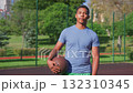 Portrait of serious young athletic African American man basketball player holding ball in hands, standing on outdoor court, expressing determination and confidence. Portrait of serious young athletic African American man basketball player holding ball in hands, standing on outdoor court, expressing determination and confidence. 132310345