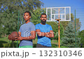 Serious sporty fit handsome African American basketball players with basketball standing on outdoor court, looking with determined expression, expressing confidence and readiness . Serious sporty fit handsome African American basketball players with basketball standing on outdoor court, looking with determined expression, expressing confidence and readiness . 132310346