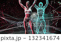 Athlete performs various poses alongside her digital twin in a futuristic metaverse environment, showcasing organic tech 132341674