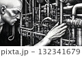 Focused technician meticulously adjusts valves and pipes on intricate industrial machinery, ensuring smooth operation 132341679