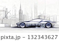 Futuristic electric car driving through evolving abstract city drawings, showcasing innovation and sustainable transportation 132343627