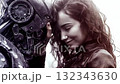 Affectionate young woman gently embraces her robot companion, finding solace and connection in a futuristic world 132343630