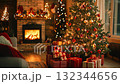 Cozy living room decorated for Christmas with a fireplace, a Christmas tree, and colorful gifts 132344656