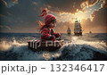 Child's grand sea adventure at sunset. A child in a red hat and coat sits in a small boat on dynamic, frothy waves. 132346417