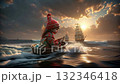 Child's grand sea adventure at sunset. A child in a red hat and coat sits in a small boat on dynamic, frothy waves. 132346418