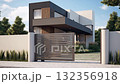 A gray private house of two floors hidden behind a fence with automatic sliding brown gates 132356918