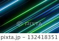 Seamless loop futuristic background with moving green and blue neon diagonal light streaks. Abstract animated texture with bright glow stripes in science fiction or computer technology style. 4K 60fps 132418351