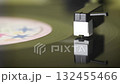 close up view of the turn table with the spinning vinyl disc and the needle 132455466