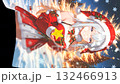 Christmas image: A beautiful girl in a Santa costume printed on a flag, snowflakes falling and swaying in the wind. Vertical material. Loopable. 132466913