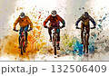 Three men riding bikes in the air with colorful paint splatters 132506409