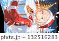 Christmas image: A beautiful girl in a Santa costume printed on a flag. Snow falling and swaying in the wind. Vertical material. Loopable. 132516283