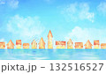 4K watercolor loop animation. A summer resort townscape with a refreshing blue sky and clouds. 132516527