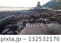 On a quiet spring evening, a young woman relaxes on the beach. Stones and branches of old trees are scattered throughout the winter beach on the seashore 132532176
