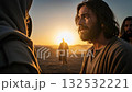 Cinematic scene of Jesus Christ talking with his disciples in the desert. A biblical story of faith and religion at sunset. AI generated animation Cinematic scene of Jesus Christ talking with his disciples in the desert. A biblical story of faith and religion at sunset. AI generated animation 132532221
