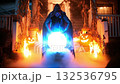 Witch cast a spell with a magical crystal ball standing over front porch of a house with halloween decoration including jack o lantern, Halloween mystery concept, Generative AI 132536795