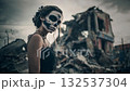 Woman with skull make up standing over destroyed building in city with debris and collapsing, Halloween mystery concept, Generative AI 132537304