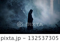 Grim reaper in black cloth standing over destroyed building in city with debris and collapsing, Ghost city, Halloween mystery concept, Generative AI 132537305