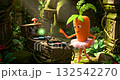 A dancing carrot character in a tutu with a record player in a jungle ruin 132542270