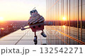A cute cupcake character with a game controller on its head on a rooftop at sunset 132542271