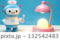 A cute blue robot nurse holding a thermometer next to a pink lamp 132542483