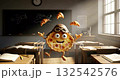 Pie character juggling croissants in a classroom 132542576