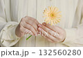 A woman holds a gerbera in both hands and holds it out to the screen. A woman holds a gerbera in both hands and holds it out to the screen. 132560280
