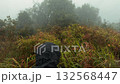 Slow Motion Shot Rear View of Hiker in Raincoat with Backpack Walking Alone on Mountain Trail in Bad 132568447