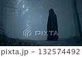 Grim reaper in black cloth standing over dark foggy forest path way, Halloween mystery concept, Generative AI 132574492