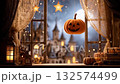 Pumpkin toys hang on window with lamp and book over ancient castle, Halloween mystery concept, Generative AI 132574499