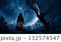Grim reaper in black cloth holding long scythe standing over dead tree, stars, moon and night sky, Halloween mystery concept, Generative AI 132574547