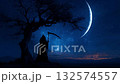 Grim reaper holding long scythe standing over dead tree, stars, moon and night sky, Halloween mystery concept, Generative AI 132574557