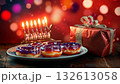 Cozy festive Hanukkah display with sufganiot, menorah, and wrapped gifts set against a colorful background 132613058