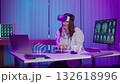 Medical Professional in Neon Light Environment Wearing AR Headset for Brain Research. Concept of Futuristic Healthcare, Neuroscience Innovation, and Immersive Augmented Reality Diagnostics. 132618996