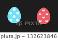 Animated Easter eggs move playfully on a dark background. Each egg features a unique design: wavy yellow lines, blue polka dots, and red hearts. 132623846