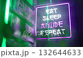 Futuristic neon sign beside manga comics shelf Eat Sleep Anime Repeat 4K 132644633