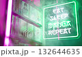 Futuristic neon sign beside manga comics shelf Eat Sleep Manga Repeat 4K 132644635
