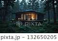 Cozy Cabin Surrounded by Forest Illuminated at Twilight 132650205