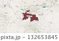 Country Tajikistan on the map is highlighted by a polygonal border. From above zooming in with panoramic view. Borders of the state of Tajikistan on the map 132653845