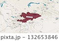 Country Kyrgyzstan on the map is highlighted by a polygonal border. From above zooming in with panoramic view. Borders of the state of Kyrgyzstan on the map 132653846
