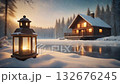 Winter lantern and sunrise at a lakeside cabin - A quiet snowy morning 132676245