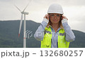 A young professional in safety gear adjusts her goggles beside a towering wind turbine, symbolizing her dedication to renewable energy and commitment to sustainability in her work 132680257