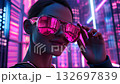 confident stylish woman in sunglasses standing at futuristic cyberpunk city environment with purple neon lights 4k 132697839