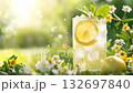 Refreshing, iced and sweet drink with lemon and mint in sunny garden under vibrant sky at sunset 4k 132697840