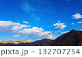 A breathtaking view of towering mountains under a vibrant blue sky with scattered clouds. The vast landscape dotted with distant figures, evokes a sense of awe and adventure in a remote natural. 132707254