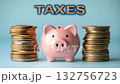 Coins and piggy bank gradually disappear under the word Taxes. Animation for concepts of tax burden on savings and tax expenses 132756723