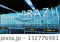Airlane landing at Brazil. Arrival in the city with reflection of airport and aircraft 132776981